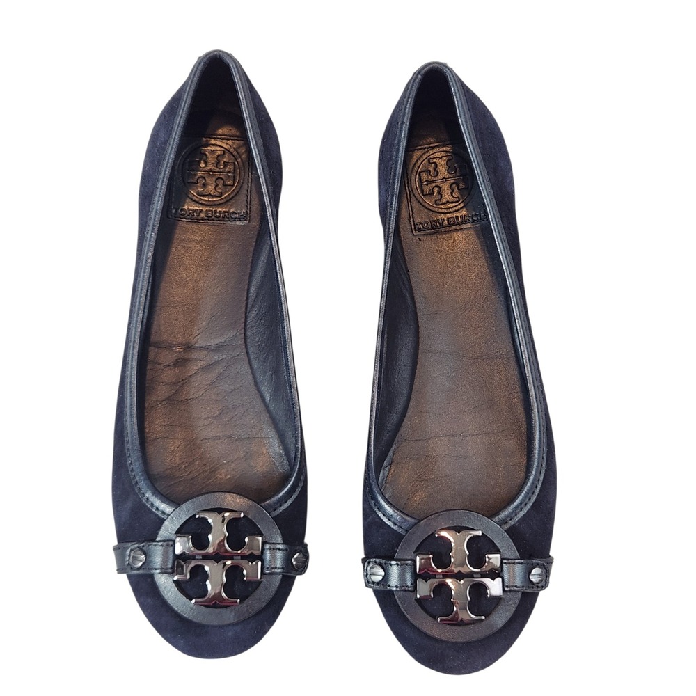 Tory Burch Reva Ballet Flats Womens 7M Navy Blue Suede Logo Medallion